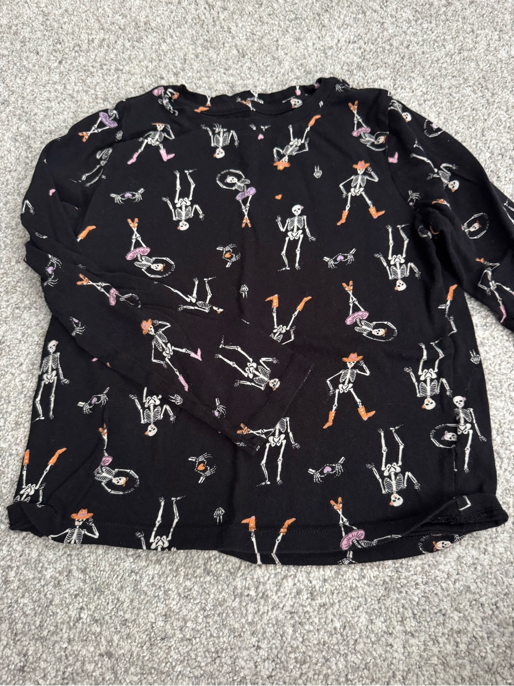 Old Navy Black Long Sleeve Tee with Skeleton & Orange/Purple Accents